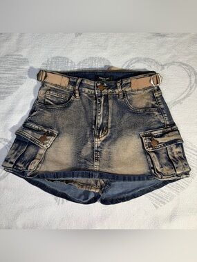 American Bazi Tan-Wash Distressed Denim Cargo Skort